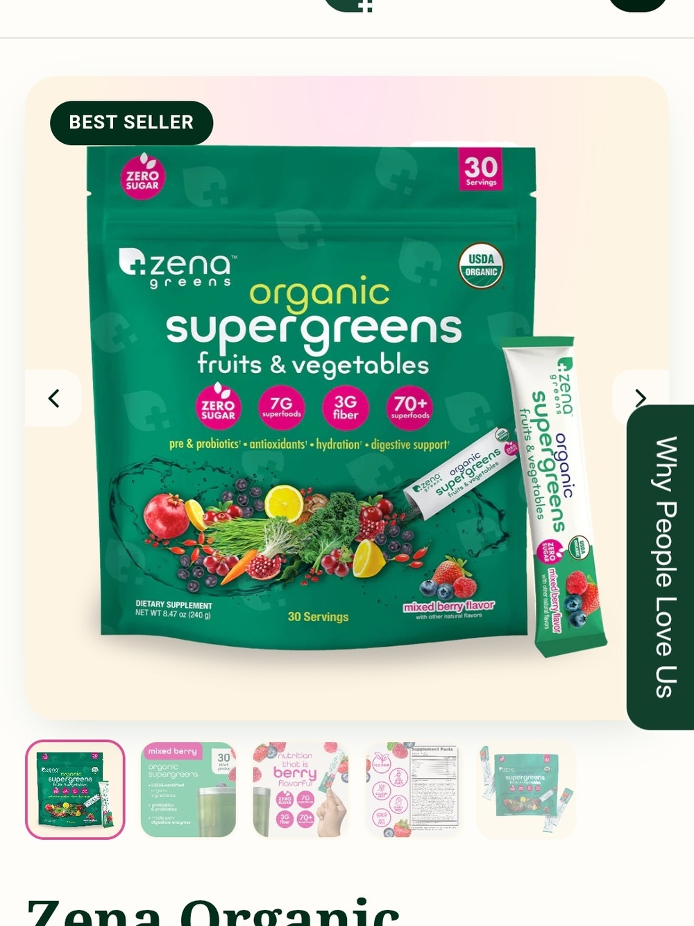 Zena Mixed Berry Organic Supergreens - Green and Pink Packaging